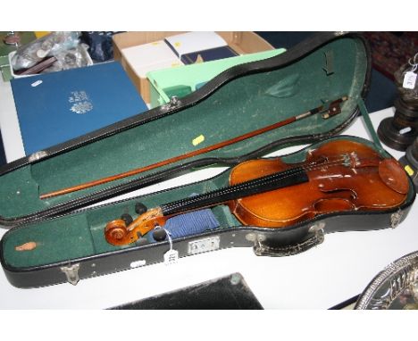 A CASED STUDENT'S VIOLIN AND BOW