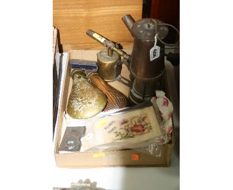 A MINER'S LAMP, two shot flasks, two blow torches, postcards etc