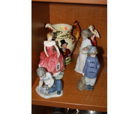 A GROUP OF CERAMICS, to include Fieldings Crown Devon 'John Peel' musical jug, two Royal Doulton figures 'Summer's Day' HN337