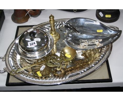 VARIOUS PLATED AND BRASS ITEMS, together with hunting photograph
