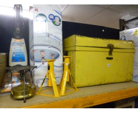 A PAINTED TIN TRUNK, two axle stands, etc (4)