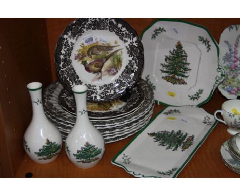 THREE PALISSY 'GAME SERIES' PLATES, a pair of Spode 'Christmas Tree' vases and two similar plates and six other plates