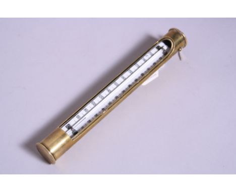 A BRASS CASED HANGING REVOLVING CYLINDRICAL THERMOMETER, inscribed Negretti & Zambra London to dial, approximately 27cm max (