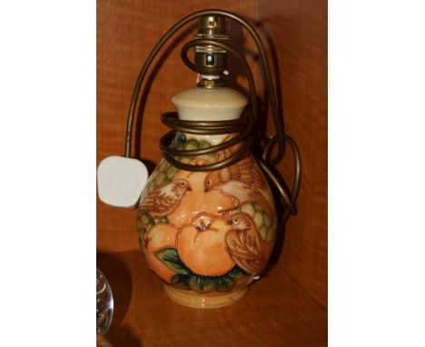 A MODERN MOORCROFT POTTERY LAMP BASE, Finches & Fruit design, impressed marks to base, height approximately 27cm (includes fi