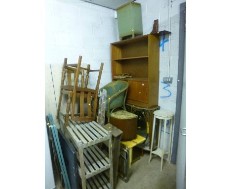 A RETRO GLAZED CHINA CABINET, teak open bookcase, two step ladders, coffee table, etc (15)