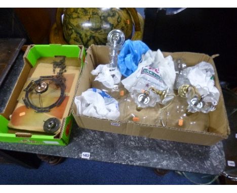 FOUR GLASS CEILING LIGHTS, with droppers and a hanging lantern (dismantled) (5)