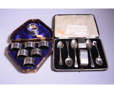 SILVER AND SILVER PLATE, to include engine turned silver deco napkin rings engraved G and H, three silver teaspoons, silver n