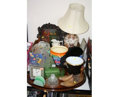 A BOX AND LOOSE SUNDRY ITEMS, to include inlaid tray, Coalport jardiniere, Smiths clock, lamp, wooden shield of crest etc