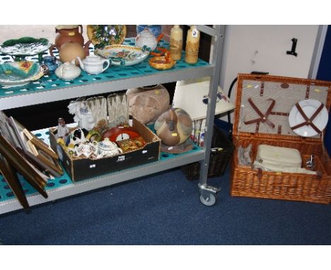 VARIOUS CERAMICS, PICTURES, PICNIC HAMPER, LAMP, etc