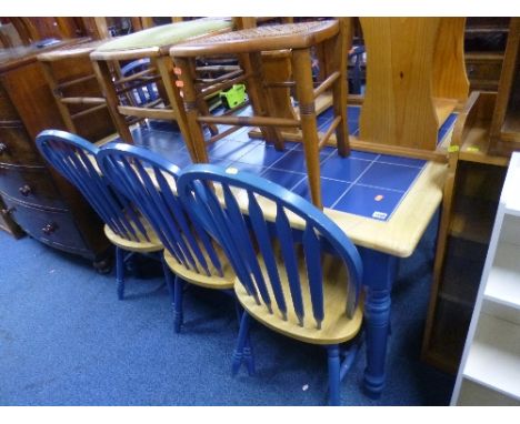 A MODERN PAINTED TILE TOPPED DINING TABLE, and six matching chairs (7)