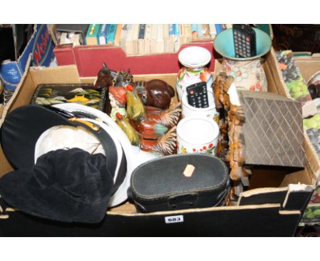 ONE BOX OF SUNDRIES, to include binoculars, sailors caps, ornaments, cuckoo clock (a/f) etc