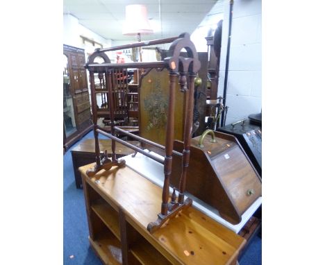 A WALNUT COALBOX, towel rail and a firescreen (3)