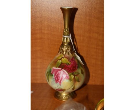 A ROYAL WORCESTER BOTTLE NECK VASE, hand painted with roses and foliage, signed indistinctly to gilt neck, circular rim, shap