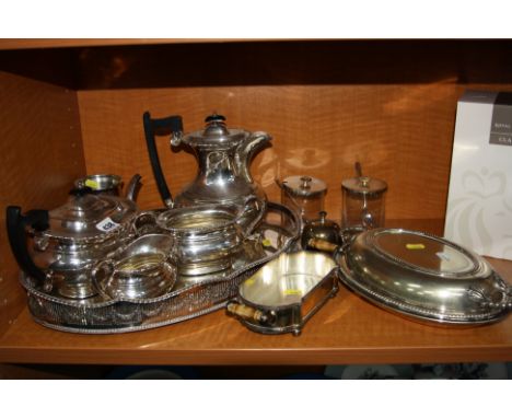 VARIOUS PLATED WARES, etc, to include four piece Sheffield plate tea service, galleried edge tray, entree dish etc