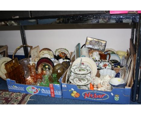 FOUR BOXES AND LOOSE CERAMICS, GLASS, etc, to include Carnival glass, Goebel, Kitchenalia, jelly mould, Wedgwood (a/f) etc