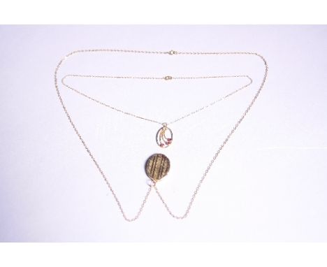 TWO NECKLACES, the first a ruby and pearl pendant necklace, together with an engraved oval shape locket, stamped 9k