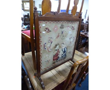 A 19TH CENTURY SAMPLER FIRESCREEN, 'Joseph, Mary and Jesue 1847' by Mark Buckley (sd)