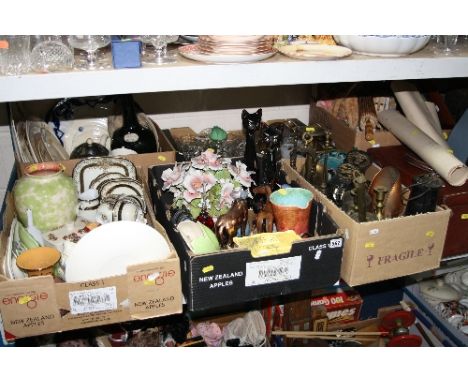 SIX BOXES AND LOOSE METALWARE, CERAMICS, GLASS, TYPEWRITER, PICTURES, DOCTORS BAG, etc, to include miners lamp, bottle jack e