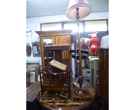 A MODERN MAHOGANY CANTERBURY, standard lamp with shade, coat hooks, etc (5)