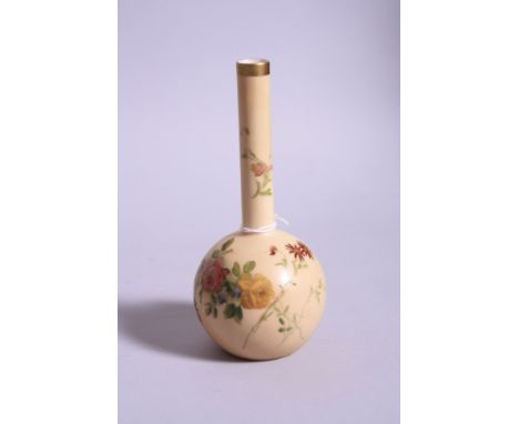 A ROYAL WORCESTER BUD VASE, blush ivory ground and floral decoration Rd.No.68828 and shape No.1215, puce backstamp, height ap