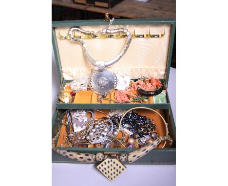 A BOX OF COSTUME JEWELLERY, to include coral beads, pearl string, bracelets, etc