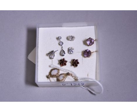 FIVE PAIRS OF EARRINGS, to include opal ear pendants and two pairs of studs (sd), all 9ct