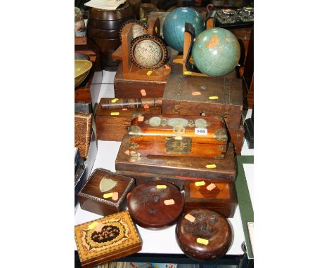 TWO PAIRS OF WORLD 'GLOBE' BOOKENDS, and various wooden boxes etc