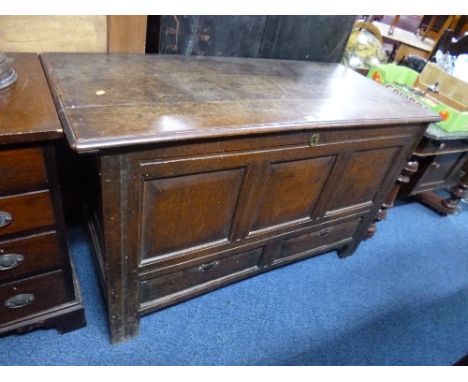 A LARGE GEORGIAN OAK TRIPLE PANEL BLANKET/MULE CHEST, with two lower drawers on stile supports, approximate size width 134cm 