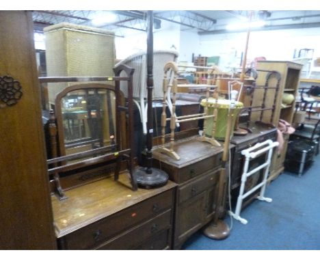 A MAHOGANY TOWEL RAIL, three other towel rails, three various standard lamps with shades and a firescreen (8)