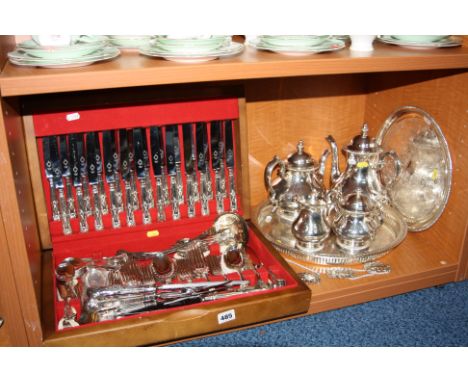 A CANTEEN OF SHEFFIELD PLATED CUTLERY, Queens pattern, together with other plated wares, to include a four piece tea service,