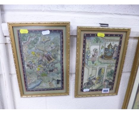 THREE INDIAN PAINTINGS ON FABRIC, Elephants and court scenes, together with African style portrait print, approximately 41cm 