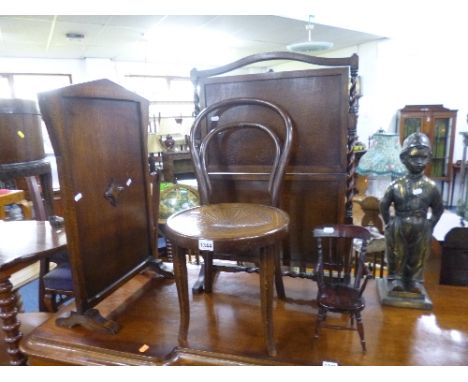 A CHILD'S BENTWOOD CHAIR, an oak folding two tier cakestand, an oak firescreen, an apprentice style miniature chair and a fir