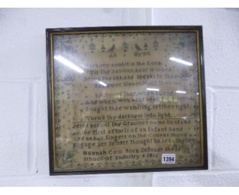 A NEEDLEWORK SAMPLER, by Hannah Cox, dated 1816 with central hymn, foliate and bird border, approximately 30.5cm x 44cm