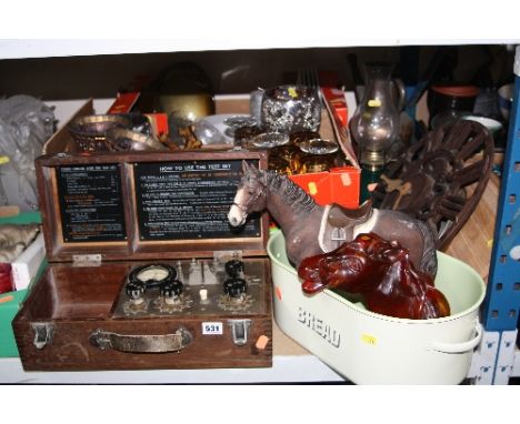TWO BOXES AND LOOSE CERAMICS, GLASS, ELECTRIC TEST SET, etc, to include horse ornaments, oil lamp, wall clock etc