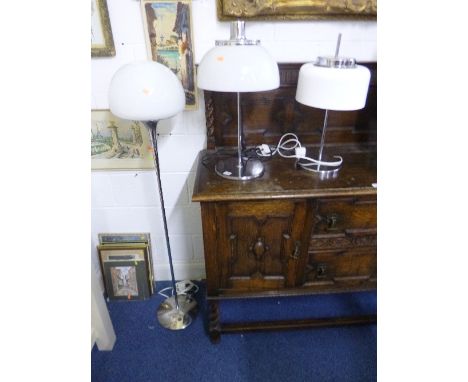 TWO CHROME TABLE LAMPS, with plastic shades and a chrome standard lamp with glass shade (3)