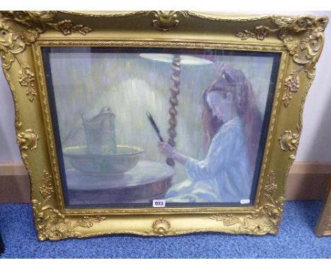 SHEILA TIFFIN (1952- ), seated maiden brushing hair by lamp light sitting at dressing table with hand held mirror, signed and