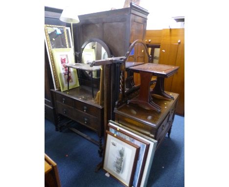 A 1950'S/60'S LAMP TABLE, a mahogany nest of three tables and quantity of pictures and mirrors