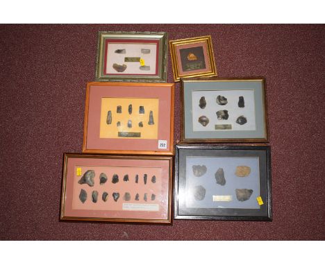 Flint arrow heads found at Rudeston Beacon, East Yorkshire, 8 mounted and framed; Neanderthal flakes, found at Le Moustier, F