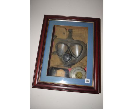 A German military gas mask, by Drager, mounted and framed.