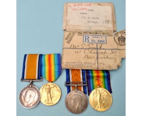 A pair of WWI General Service Medals awarded to: 84364 Private Sidney Smith, Royal Army Medical Corps, the medals in original