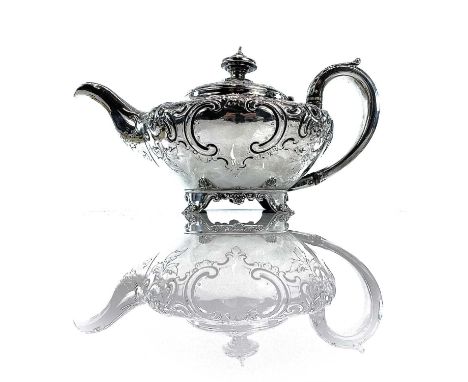 A George IV silver squat ovoid teapot by Richard Pierce &amp; George Burrows, foliate and C scroll embossed and raised on fou