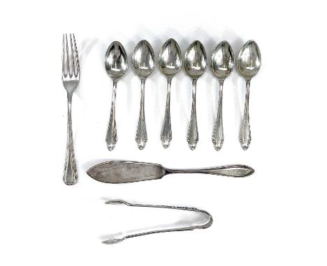A George VI silver set of six teaspoons by James Dixon &amp; Sons, Sheffield 1937; together with a silver dessert fork, fish 