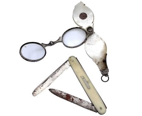 A pair of Georgian steel and mother of pearl folding spectacles (mother of pearl damaged); together with an Edwardian silver 