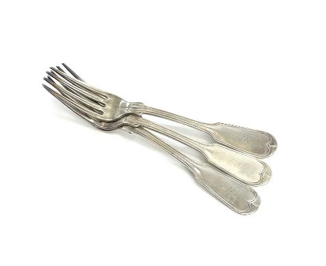 A set of three American sterling silver fiddle thread pattern dessert forks by Tiffany &amp; Co, weight 183.89g.