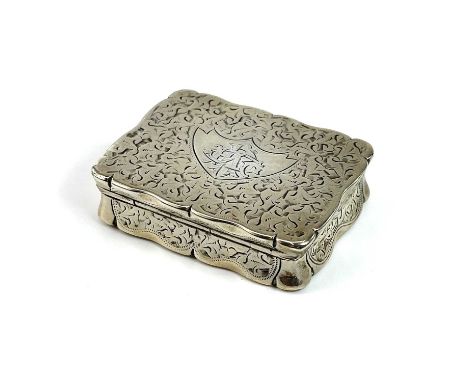 A Victorian silver snuff box with engraved decoration by Minshull &amp; Latimer, Birmingham 1901, width 6cm, weight 2.25 toz.