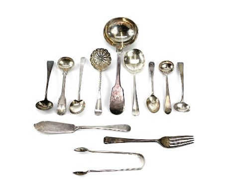 A collection of mixed silver halmarked flatwares including a William IV fiddle pattern sauce ladle, London 1832, weight 8.58 