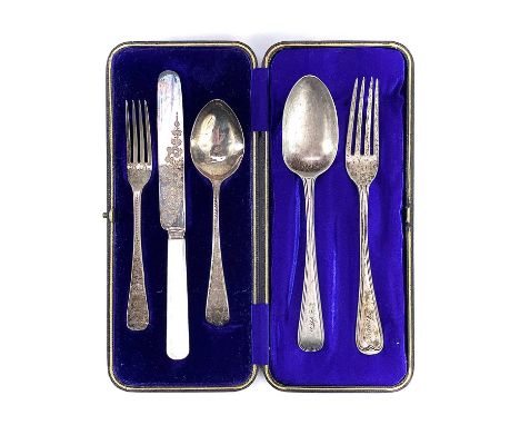 An Edwardian silver cased christening knife and fork with associated plated knife, London 1905; together with a Victorian sil