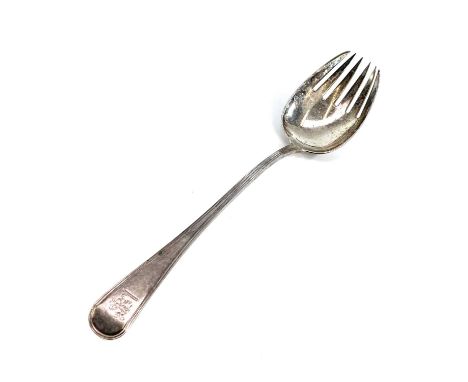 A George III silver Old English threaded pattern forked serving spoon by William Eley, London 1802, length 27.5, weight 3.17.