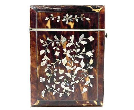 A 19th century tortoiseshell abalone, mother of pearl and silver inlaid calling card case, with foliate decoration, length 10