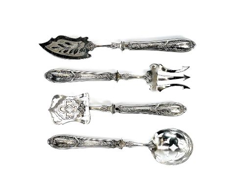A late 19th century French silver cased set of four serving implements, comprising a fork, knife, spoon and scoop, each with 